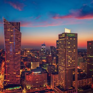 Night view of Warsaw modern business district from viewpoint of Culture and science palace